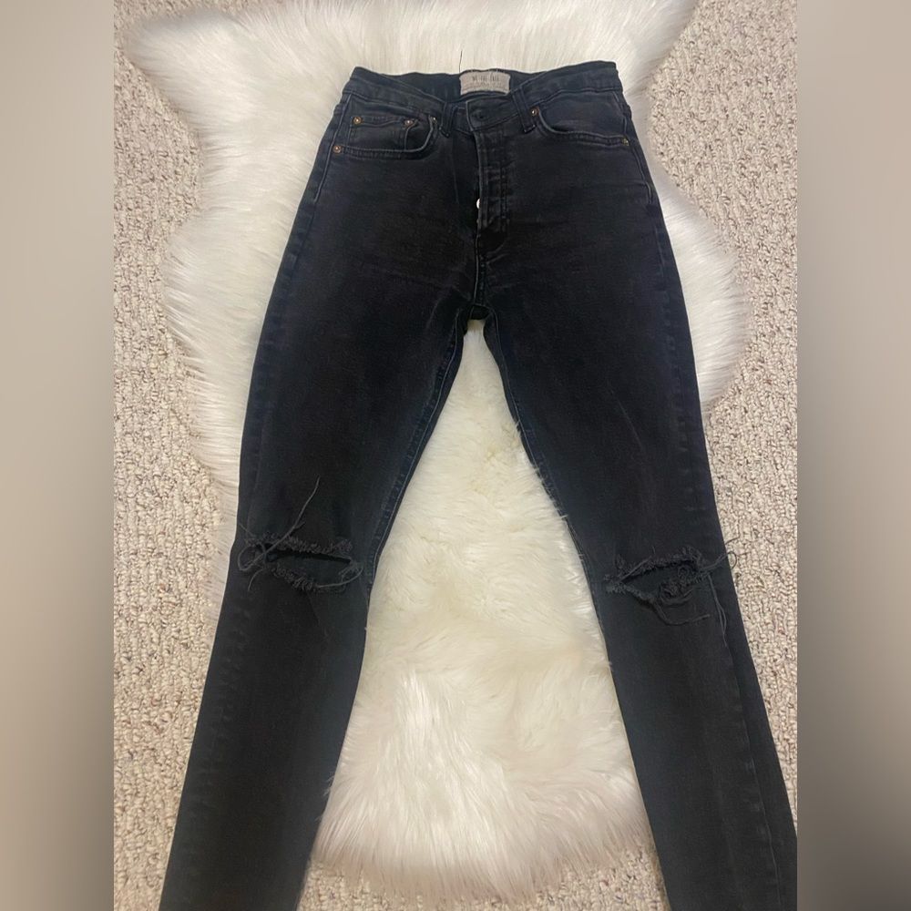 Free People Black Raw Hem Ripped Knee Skinny Jeans Button Fly Women's